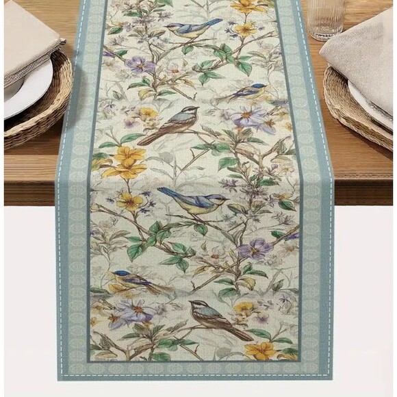 Table Runner 13x72in Woven Polyester Floral Branches Blue Birds - Picture 1 of 2